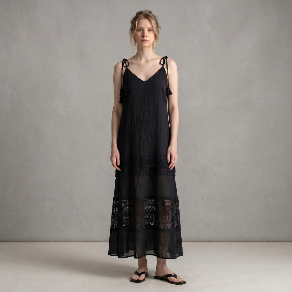 Elan Black Maxi Dress M Lace Tie Strap Beachy Boho Swim Cover-up Coastal Chic